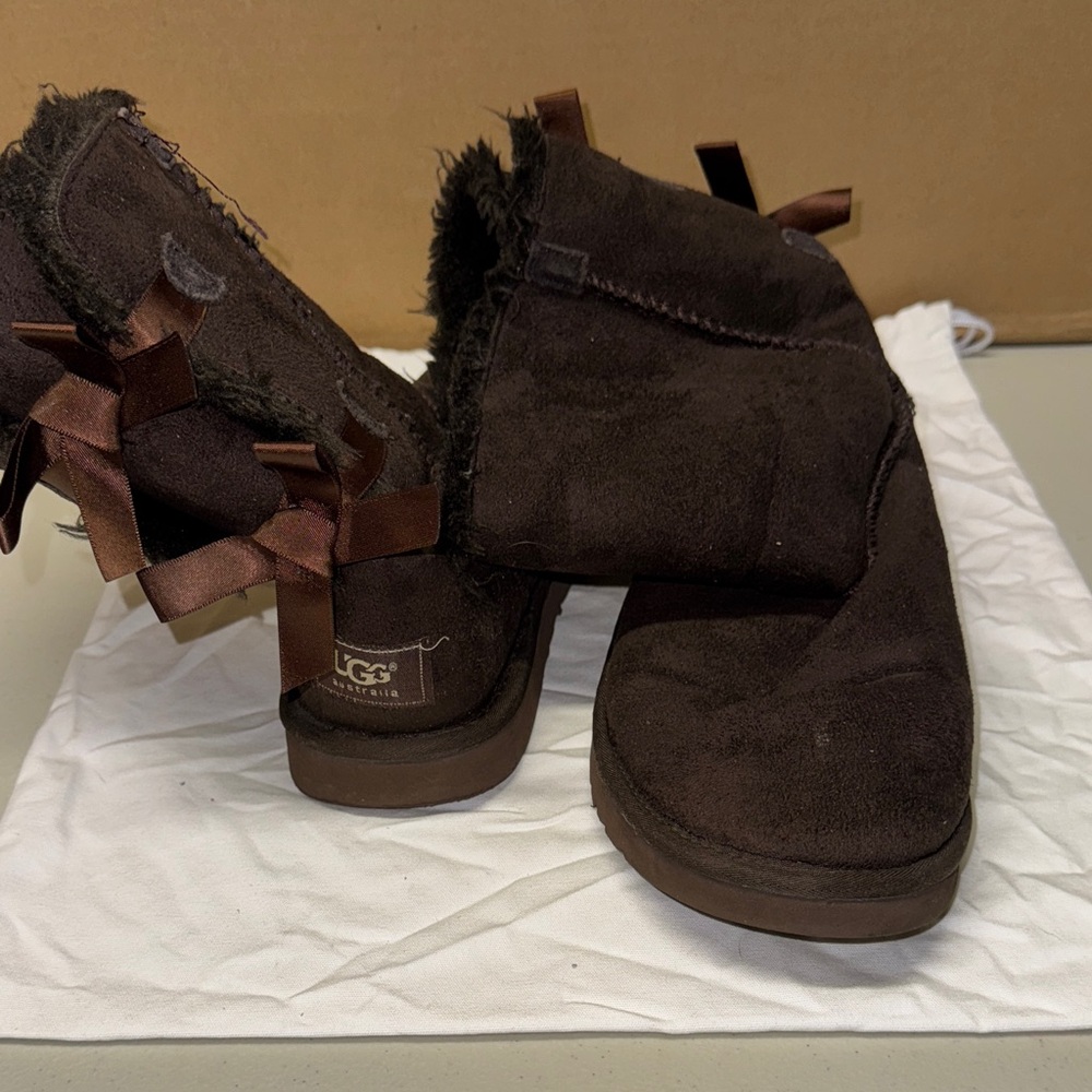 UGG Dark Brown Suede Boots with Ribbon